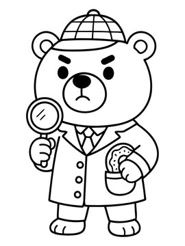 Detective Bear's Investigation: A determined bear detective, clad in classic attire, examines clues with a magnifying glass, his gaze unwavering as he investigates the mystery.