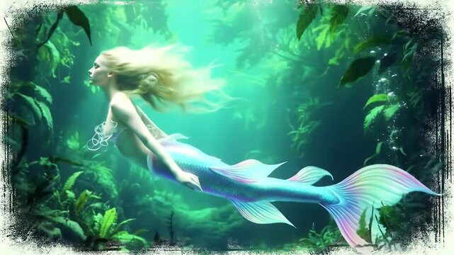 Young female mermaid exploring sunlit tropical underwater kelp forest in green light