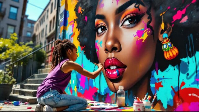 Talented artist painting vivid afrocentric street mural in urban alley
