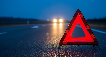 Reflective red emergency triangle on wet road at night for roadside assistance