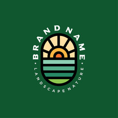 Sunrise Field Logo Grass Design Vector Illustration 