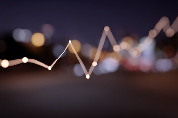 Dynamic stock market graph with glowing white lines and dots on dark background