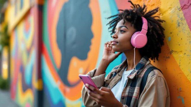 Smiling woman with headphones enjoying music against vibrant mural