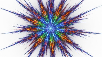 A vibrant, colorful fractal starburst pattern with radiating spikes on a white background.