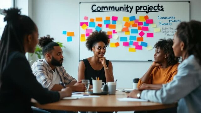 Diverse group discussing community projects in creative meeting space