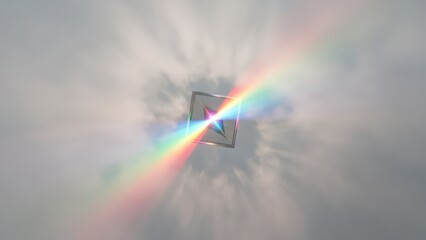 A square object in a cloudy sky with a vibrant rainbow lens flare passing through its center, creating a radiant light effect.