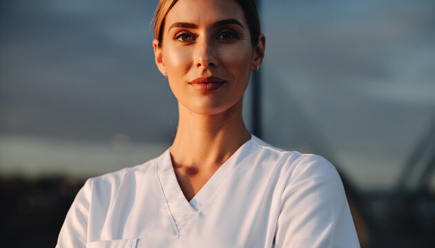 A medical professional in scrubs looks directly forward - Powered by Adobe