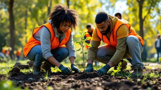 Volunteers in orange vests planting saplings in park for environmental conservation