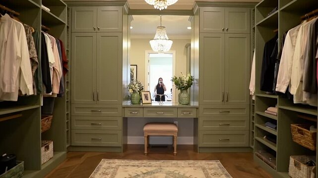 Symmetrical pastel green built-in cabinetry hallway with chandelier and distant person in elegant entry space