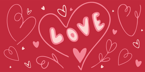 Fototapeta premium Hand-drawn Valentine’s Day doodle banner with hearts and the word “LOVE” on a red background, cute romantic illustration