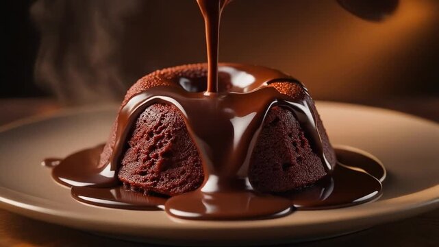 A decadent chocolate lava cake is being generously drizzled with warm, glossy chocolate sauce, creating a rich and indulgent dessert.