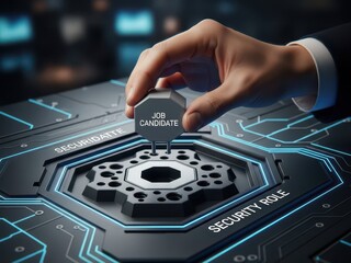 Obraz premium Cybersecurity skills gap with a hand trying to connect a Job Candidate plug to a Security Role socket that is shaped for more advanced skills