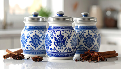 blue and white porcelain spice jars with lids alongside cinnamon and star anise on a kitchen counter used for culinary and home concepts