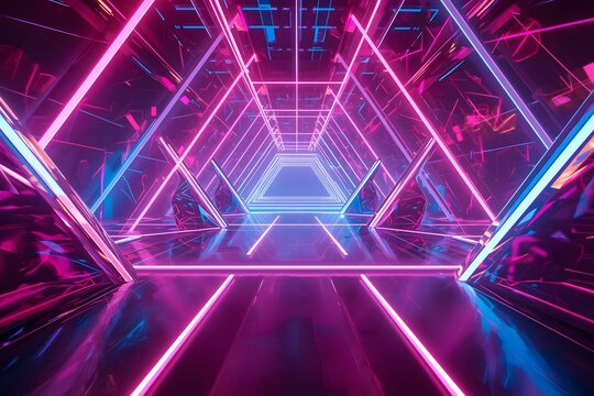 3d render, pink blue neon lines, geometric shapes, virtual space, ultraviolet light, 80`s style, retro disco, fashion laser show.