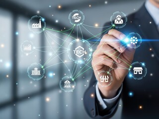 Businessman hand drawing a synergy connection between merger & acquisition company icons on a digital whiteboard, for M&A strategy and integration planning