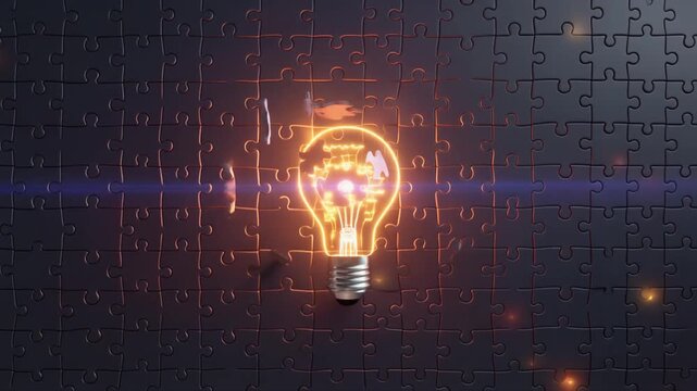 Strategic puzzle pieces coming together to form a shining light bulb, futuristic innovation