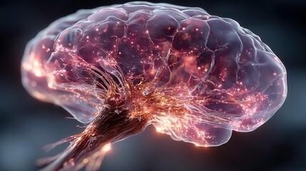 Glowing Transparent Brain with Electric Sparks and Neural Connections