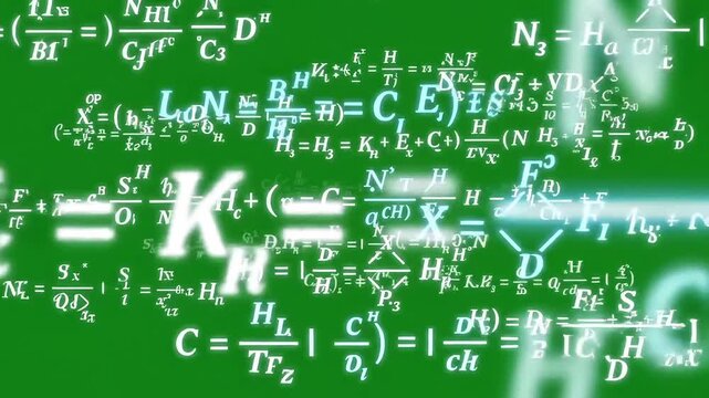 Science formula equations floating on green screen background