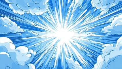 Cartoon rendering of a bright, sun-like light burst from the center of a cloudy blue sky