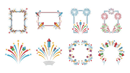 Set of colorful firework frames and decorative elements for celebration