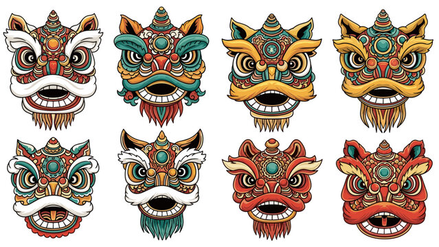 Set of eight ornate chinese lion dance heads illustrations