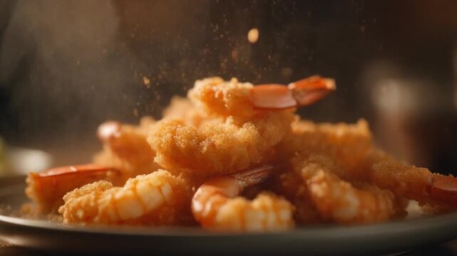 A close-up shot of a pile of golden-brown, crispy fried shrimp on a dark plate, with some seasoning sprinkled on top.