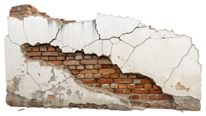 A damaged cracked broken brick wall isolated on transparent background