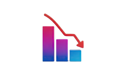 3D Bar Chart Showing Decline with Red Arrow