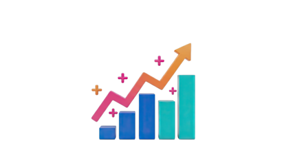 3D Bar Chart with Upward Arrow and Plus Signs