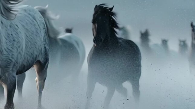Seven horses running along a pleasant beach shore early in the morning, concept of pleasant videos 
