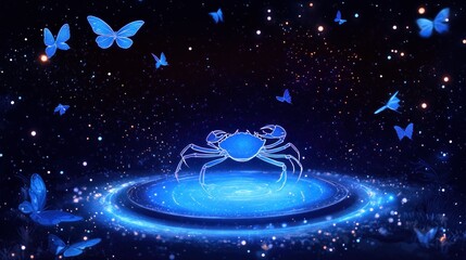 Blue crab in space, surrounded by butterflies, glowing portal