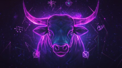 Neon bull's head, cosmic design
