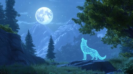 Glowing wolf silhouette at night, mountains, full moon