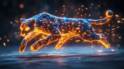 Fiery, glowing cheetah leaping; digital art