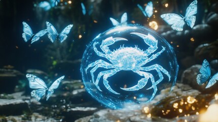 Holographic crab in a crystal sphere, surrounded by butterflies in a mystical forest