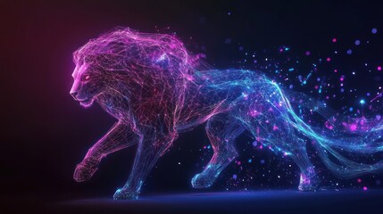 Abstract lion, glowing wireframe, vibrant colors