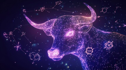 Abstract bull, glowing with constellation elements
