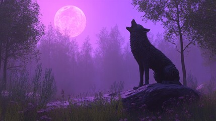 Wolf howling at a full moon in a misty forest