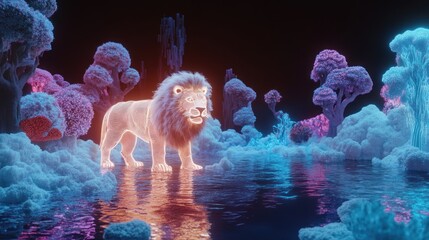 Lion in a vibrant, ethereal forest