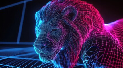 Digital lion, wireframe, glowing vibrant colors