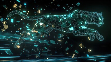 Futuristic cheetah silhouette, digital art, abstract, glowing