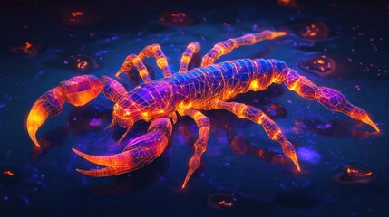 A glowing, polygonal scorpion in vibrant neon colors