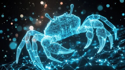 Abstract glowing crab, wireframe style, dark background