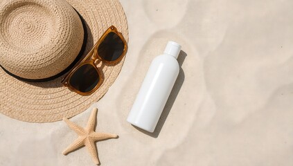 A summer beach still life including sunglasses, sun hat, sunscreen bottle and starfish on a sand. The scene captures the essence of a relaxing vacation