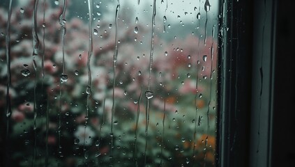 Raindrops on a window with a blurred view of flowers outside