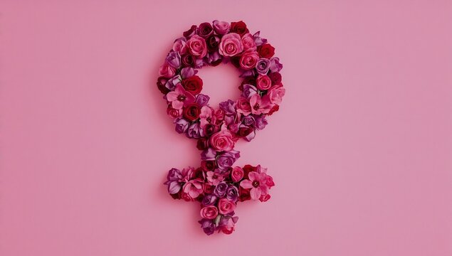 Floral representation of the female gender symbol on a pink background, showcasing beauty and femininity.