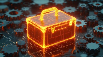 Glowing toolbox on gears and circuits