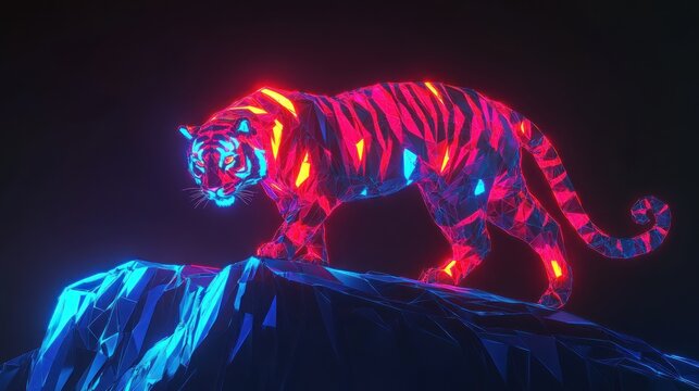 Neon tiger on a crystalline mountain