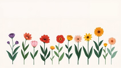 Vibrant Flowers: A row of colorful and diverse flowers standing against a simple background. Each bloom shows unique details and hues
