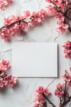 Minimal empty paper card mck up with pink flowers.
